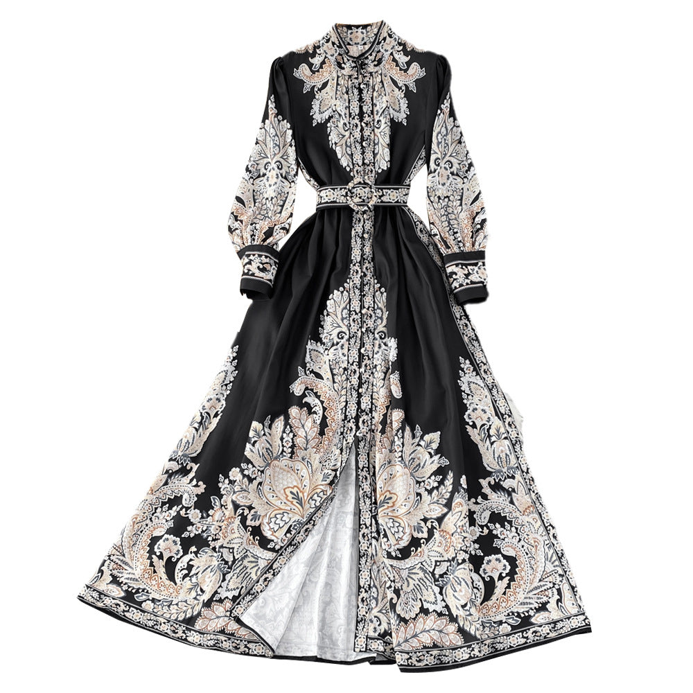 Retro Graceful Stand Collar Printed Waist-controlled Buckle A- Line Dress
