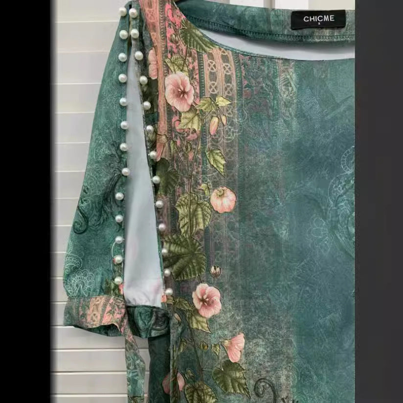 Chinese Retro National Style Printed Loose-fitting Casual Round-neck Pullover Dress