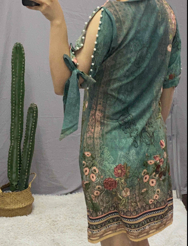 Chinese Retro National Style Printed Loose-fitting Casual Round-neck Pullover Dress