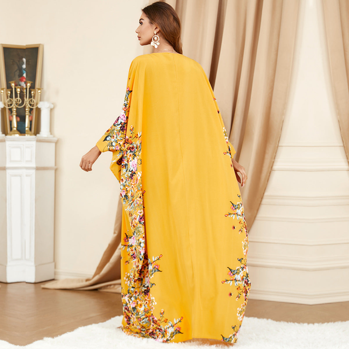 3422 Middle East Muslim Yellow Bat Sleeve Plus Size Dress