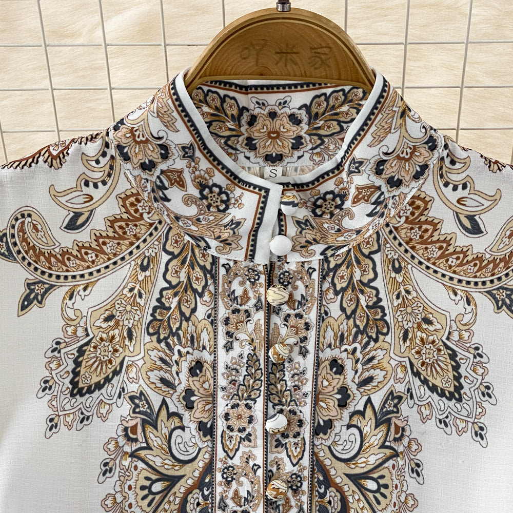 Retro Graceful Stand Collar Printed Waist-controlled Buckle A- Line Dress