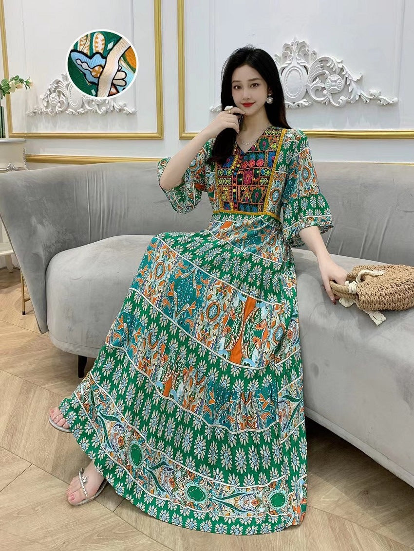V-neck Embroidery Bell Sleeve Waist Trimming Casual Dress