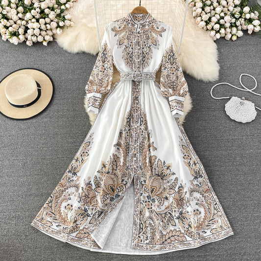 Retro Graceful Stand Collar Printed Waist-controlled Buckle A- Line Dress