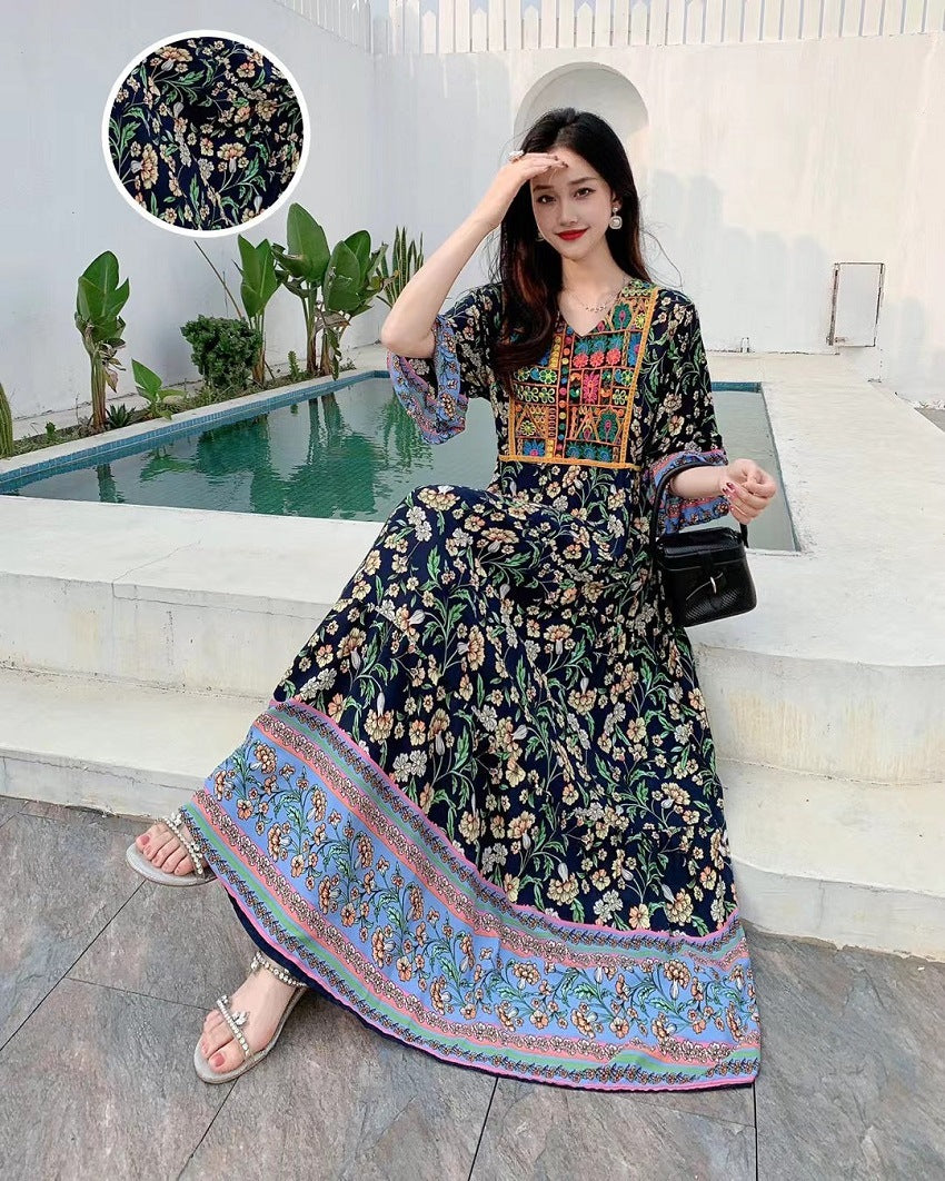 V-neck Embroidery Bell Sleeve Waist Trimming Casual Dress
