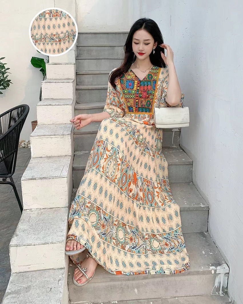 V-neck Embroidery Bell Sleeve Waist Trimming Casual Dress
