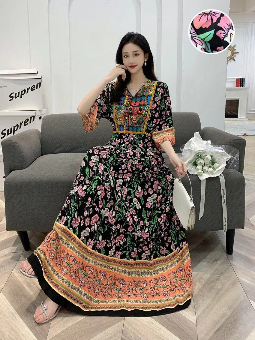 V-neck Embroidery Bell Sleeve Waist Trimming Casual Dress