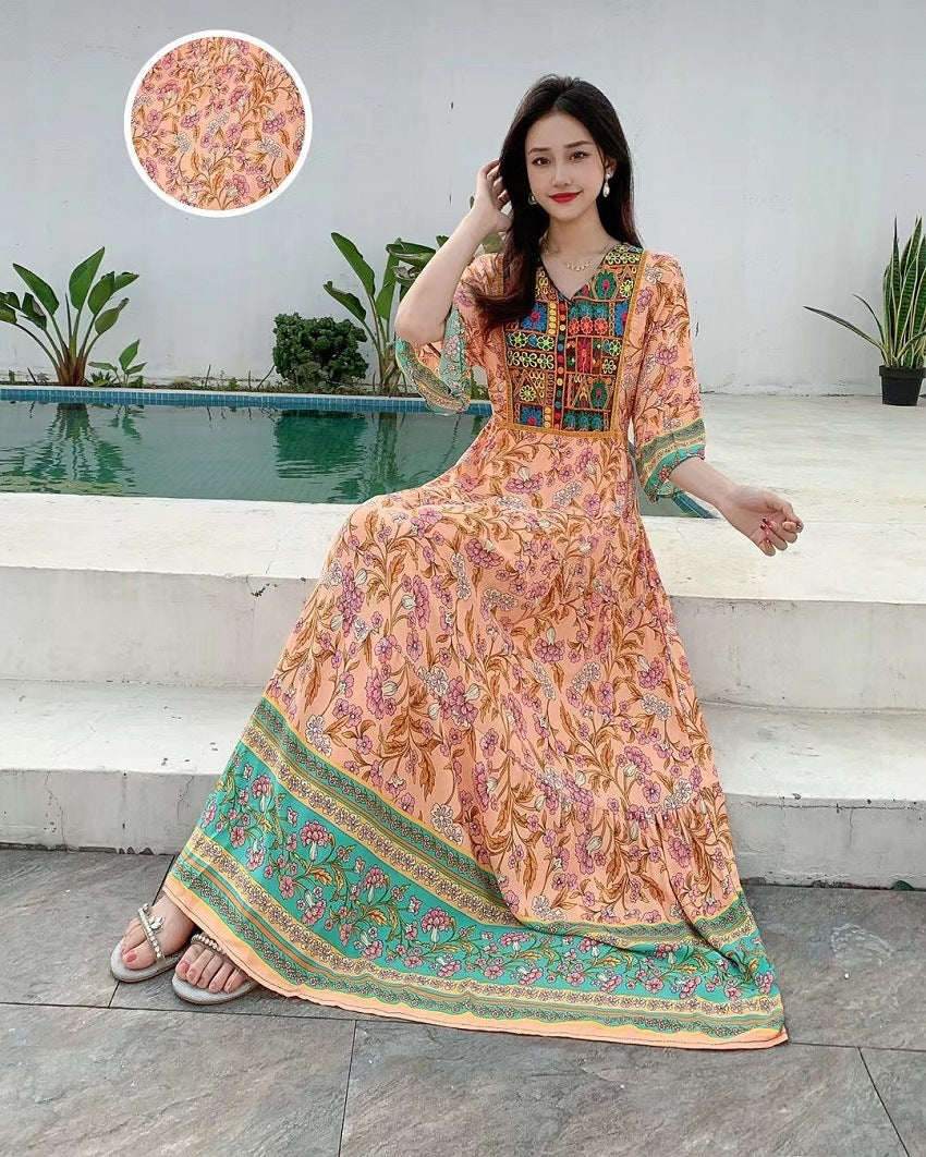 V-neck Embroidery Bell Sleeve Waist Trimming Casual Dress