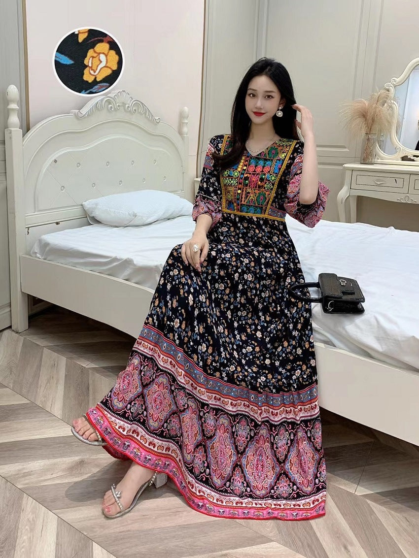 V-neck Embroidery Bell Sleeve Waist Trimming Casual Dress