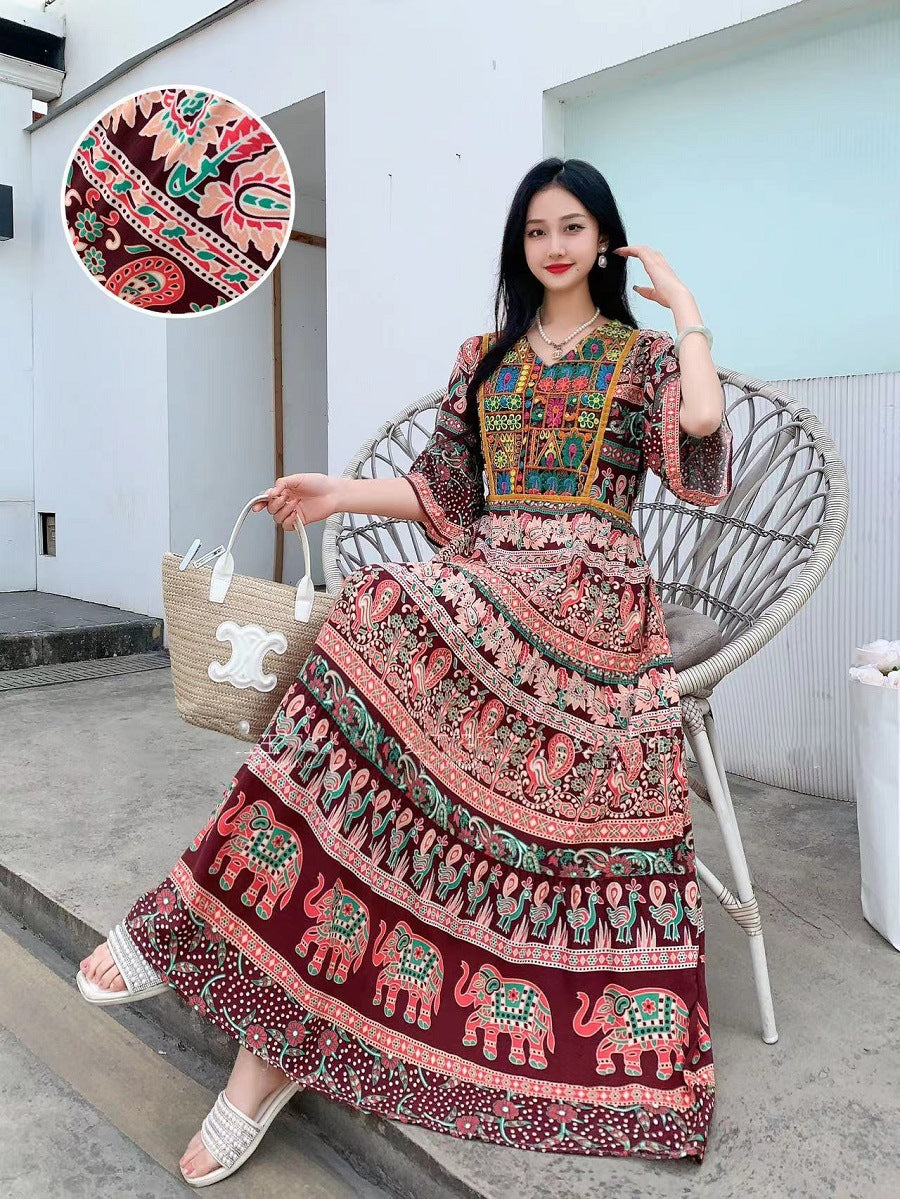 V-neck Embroidery Bell Sleeve Waist Trimming Casual Dress