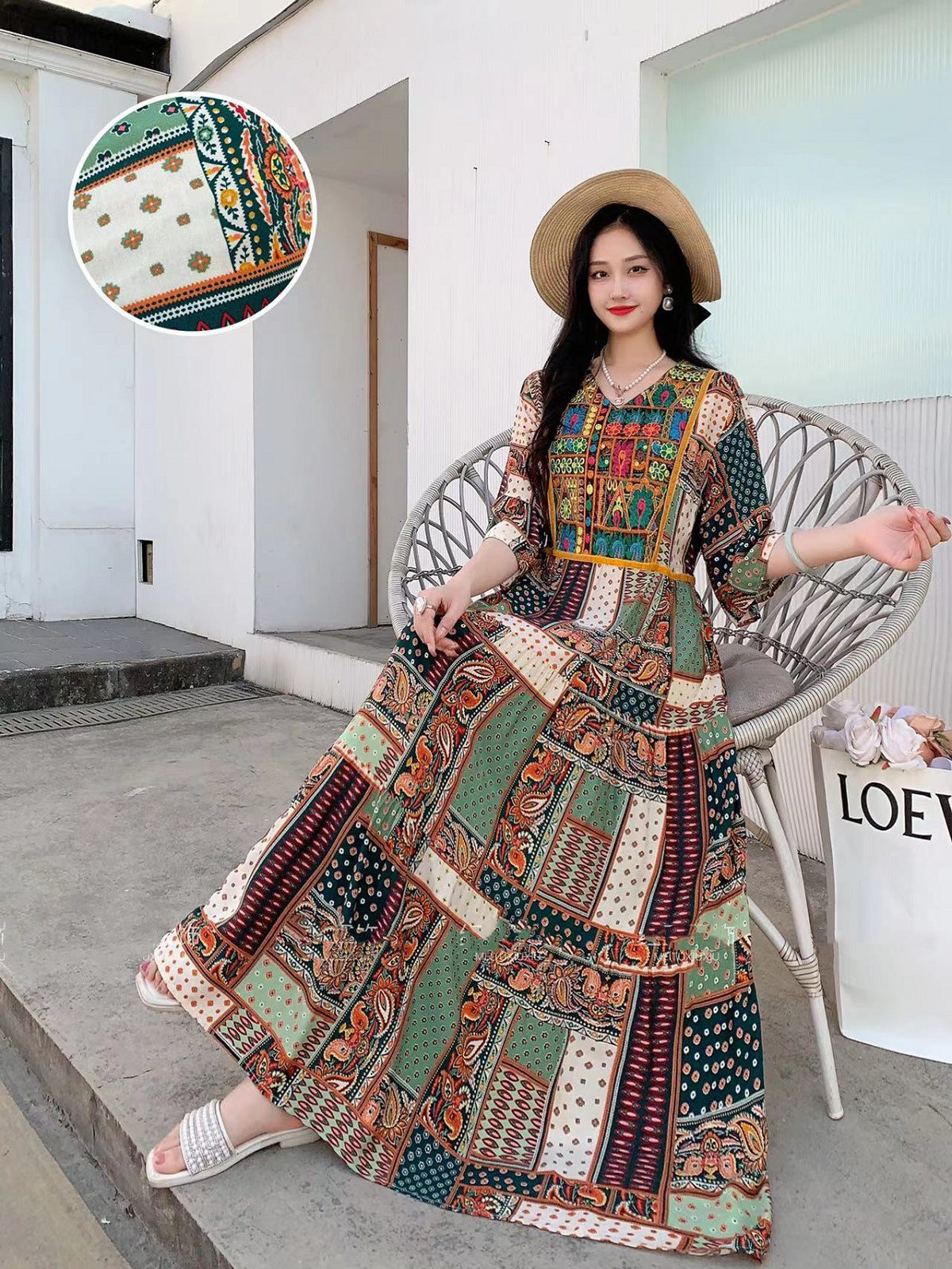 V-neck Embroidery Bell Sleeve Waist Trimming Casual Dress