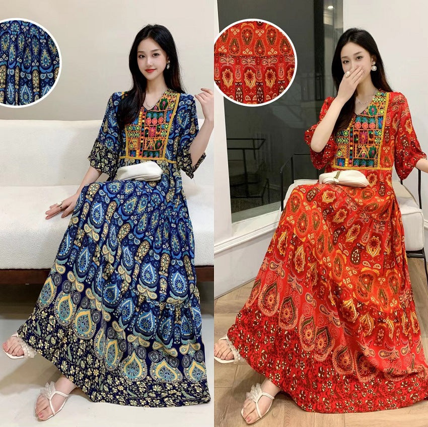 V-neck Embroidery Bell Sleeve Waist Trimming Casual Dress