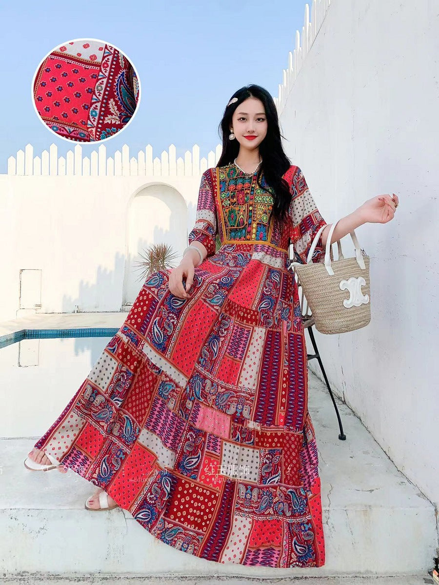 V-neck Embroidery Bell Sleeve Waist Trimming Casual Dress