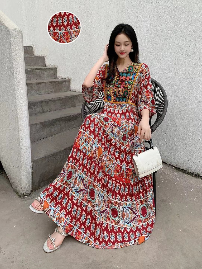 V-neck Embroidery Bell Sleeve Waist Trimming Casual Dress