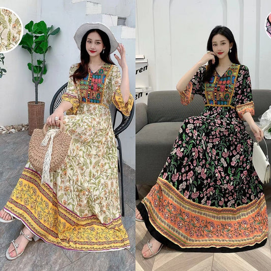 V-neck Embroidery Bell Sleeve Waist Trimming Casual Dress