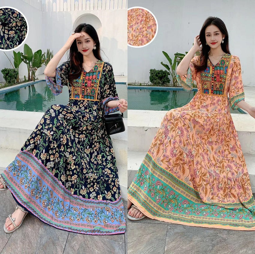 V-neck Embroidery Bell Sleeve Waist Trimming Casual Dress