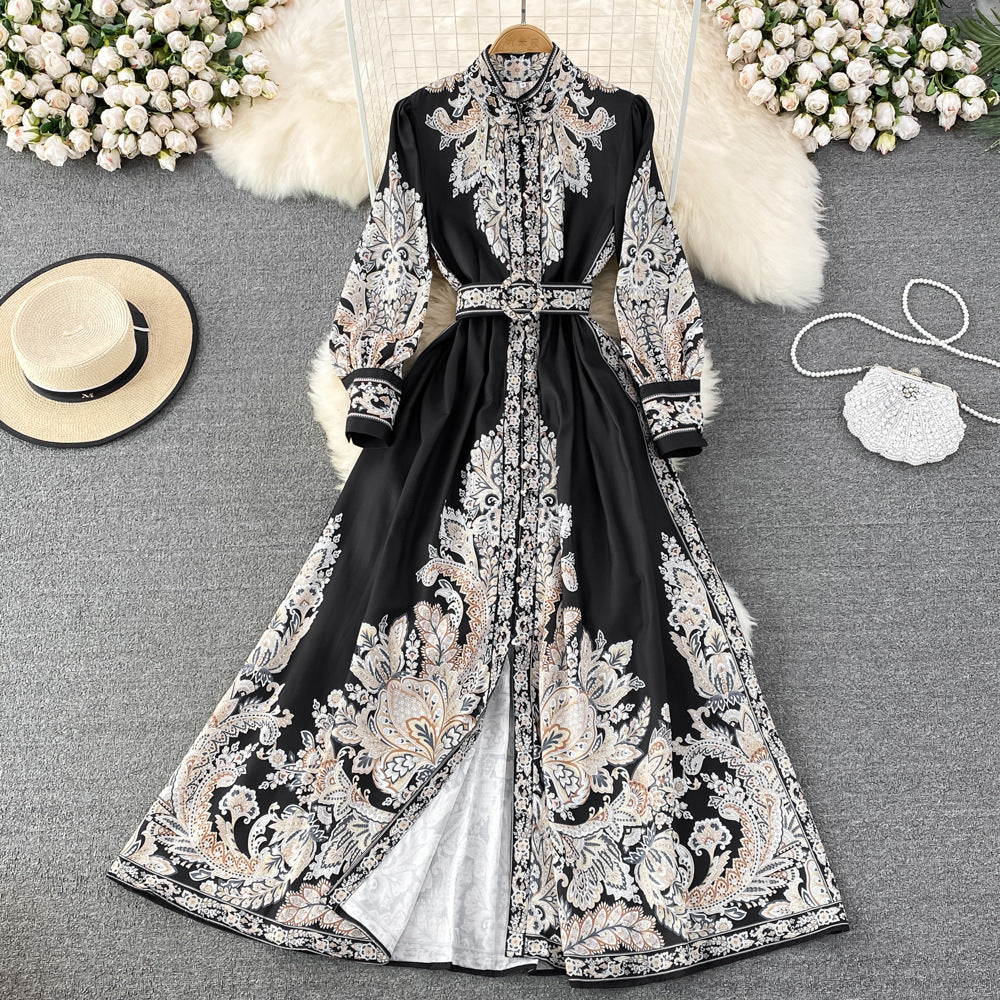 Retro Graceful Stand Collar Printed Waist-controlled Buckle A- Line Dress