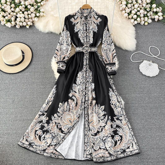 Retro Graceful Stand Collar Printed Waist-controlled Buckle A- Line Dress