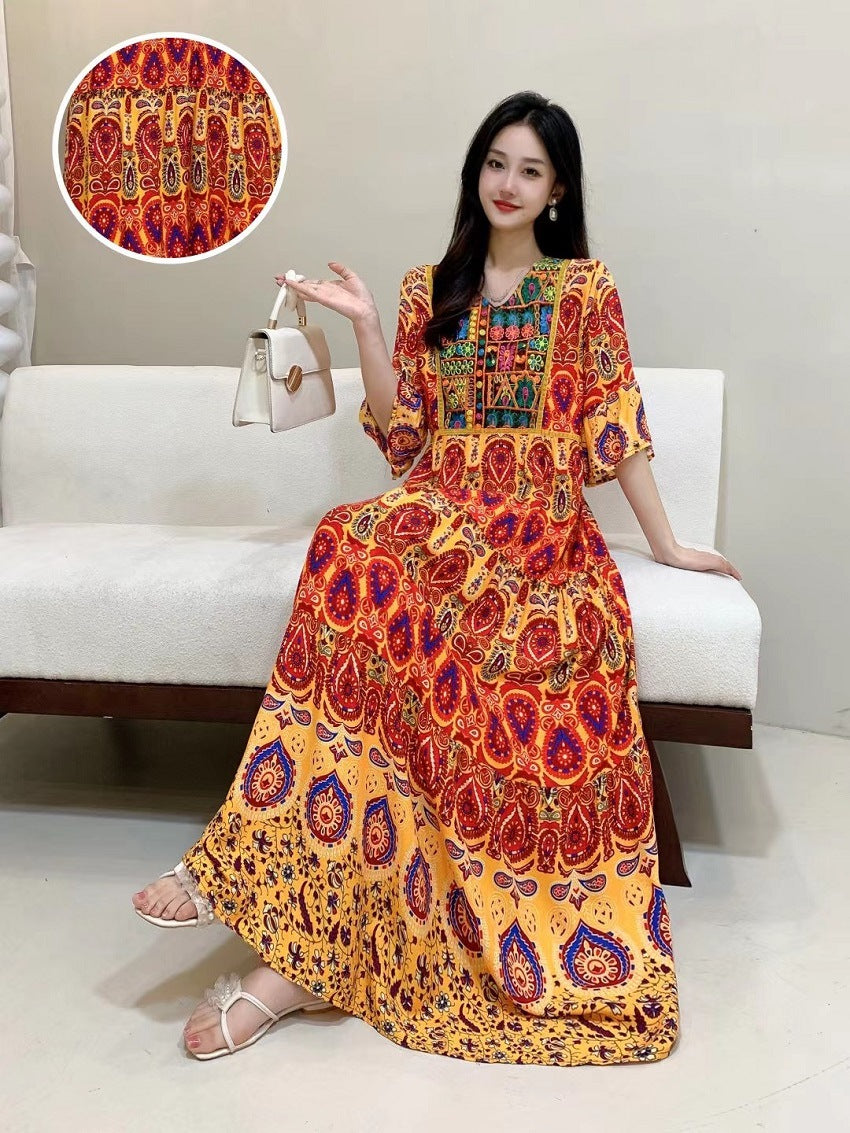 V-neck Embroidery Bell Sleeve Waist Trimming Casual Dress
