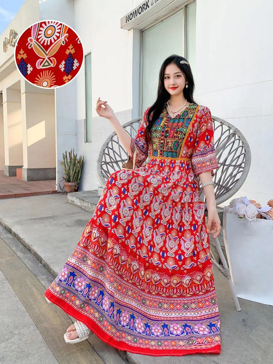 V-neck Embroidery Bell Sleeve Waist Trimming Casual Dress
