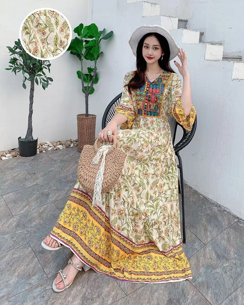 V-neck Embroidery Bell Sleeve Waist Trimming Casual Dress