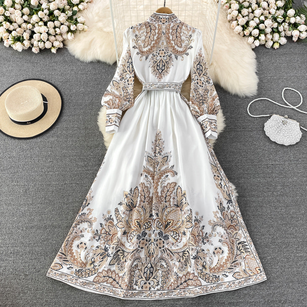 Retro Graceful Stand Collar Printed Waist-controlled Buckle A- Line Dress