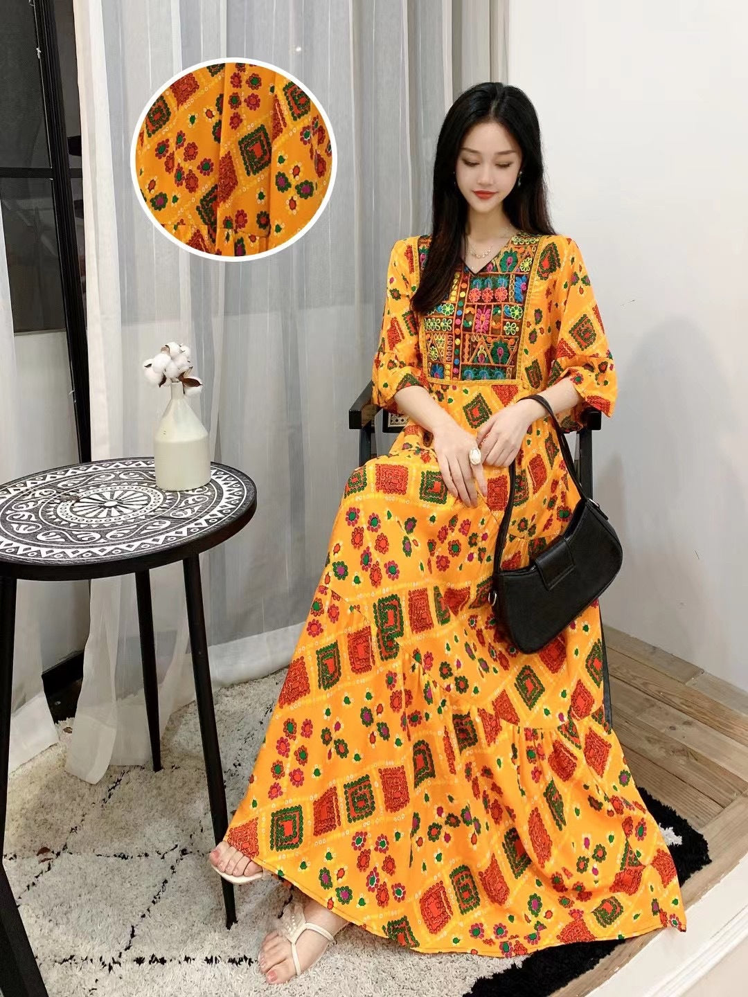 V-neck Embroidery Bell Sleeve Waist Trimming Casual Dress