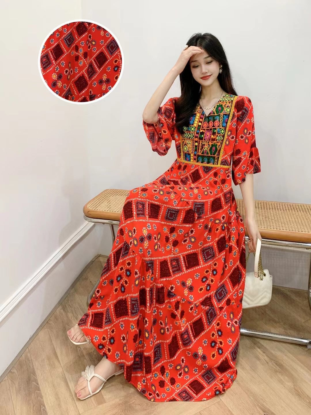 V-neck Embroidery Bell Sleeve Waist Trimming Casual Dress
