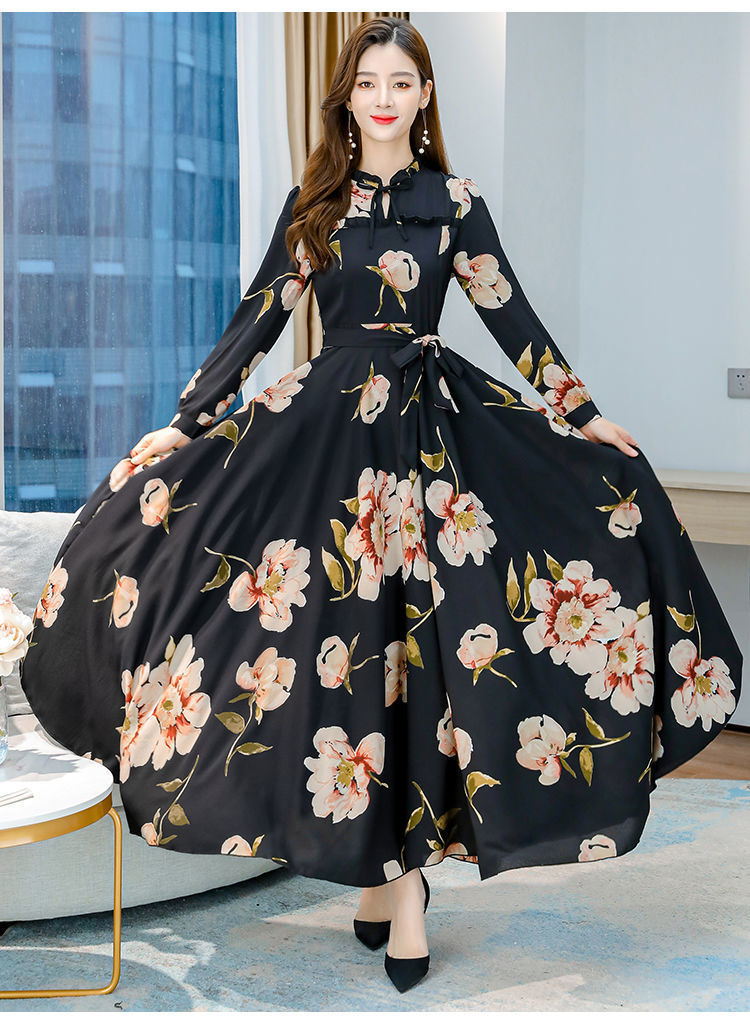 Women's Long-sleeved Waist Slimming Printed Dress