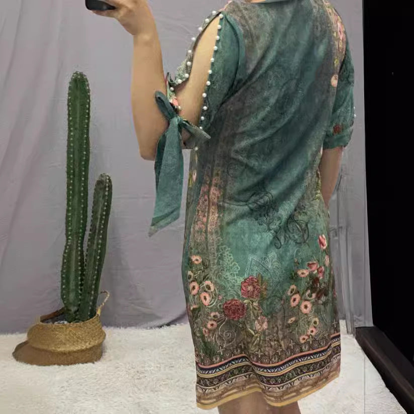 Chinese Retro National Style Printed Loose-fitting Casual Round-neck Pullover Dress