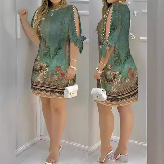 Chinese Retro National Style Printed Loose-fitting Casual Round-neck Pullover Dress