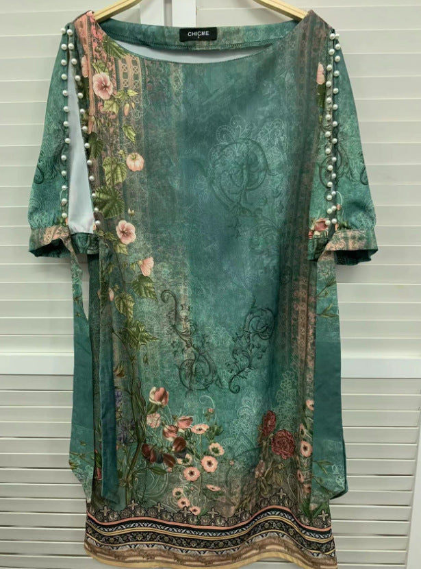 Chinese Retro National Style Printed Loose-fitting Casual Round-neck Pullover Dress