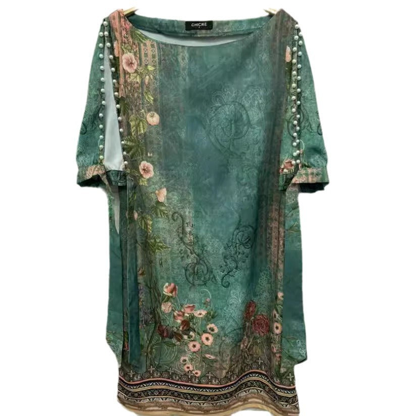 Chinese Retro National Style Printed Loose-fitting Casual Round-neck Pullover Dress